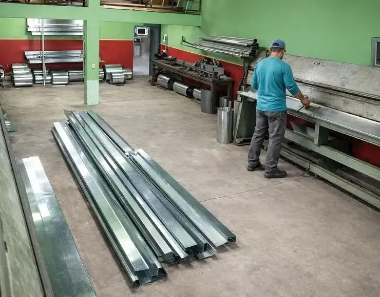 Área interna da Fábrica de Calhas Guaxupé com produção de calhas metálicas sob medida